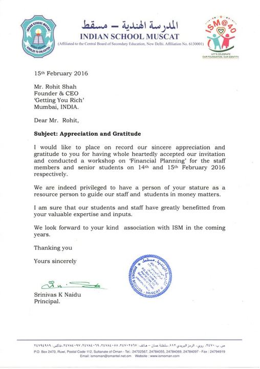 Letter dated 15 February 2016 from the Principal of Indian School Muscat thanking Rohit Shah for workshops on financial planning for staff and senior students.