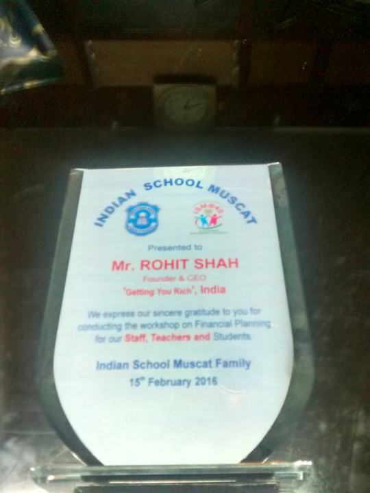 A glass memento from Indian School Muscat presented to Mr. Rohit Shah, 15 February 2016.