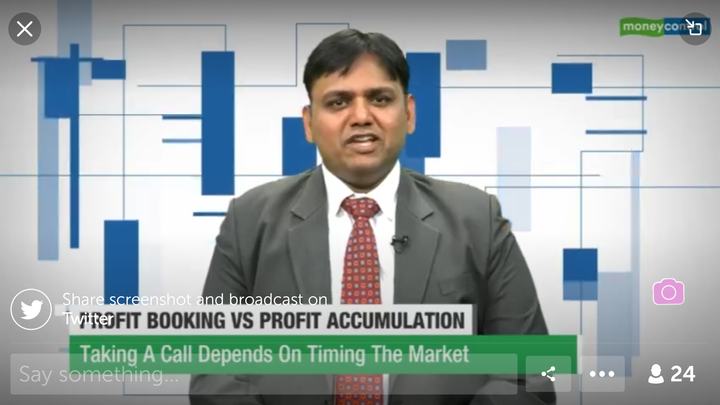 Screenshot of a Moneycontrol live broadcast with Rohit Shah. The caption reads ‘Profit booking vs profit accumulation’.