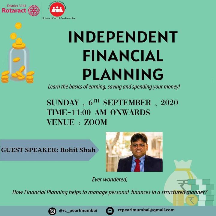 Event poster for a talk on independent financial planning by guest speaker Rohit Shah. Sunday 6 September 2020, 11 am, on Zoom.