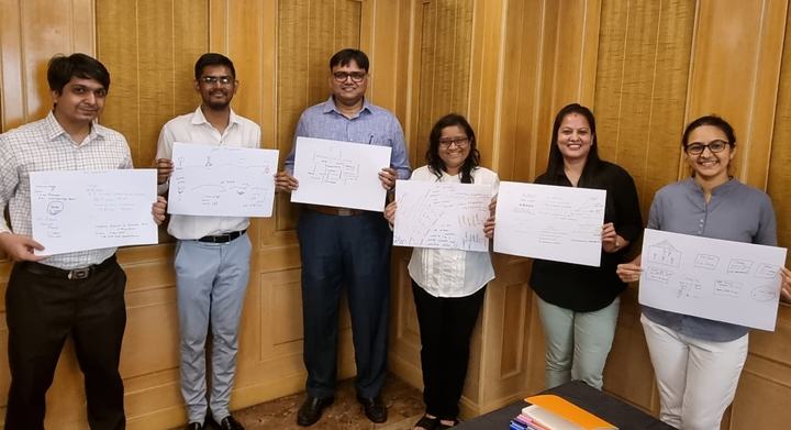 Six members of the team stand in a row, each holding up a handwritten sheet from a workshop exercise.