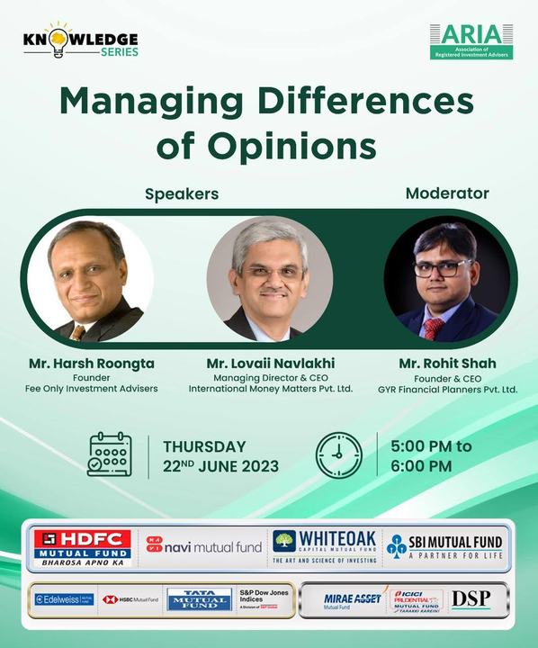 Event poster with speakers Harsh Roongta and Lovaii Navlakhi and moderator Rohit Shah. Thursday 22 June 2023, 5 to 6 pm.