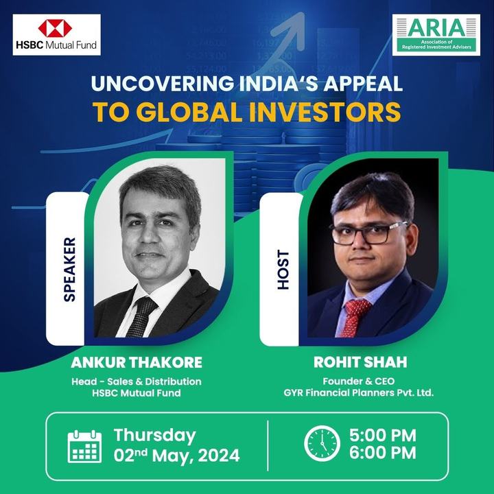 Event poster with speaker Ankur Thakore of HSBC Mutual Fund and host Rohit Shah. Thursday 2 May 2024, 5 to 6 pm.
