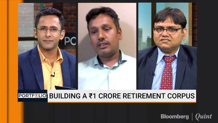 Rohit Shah with two other guests on BloombergQuint. The caption reads ‘Building a ₹1 crore retirement corpus’.