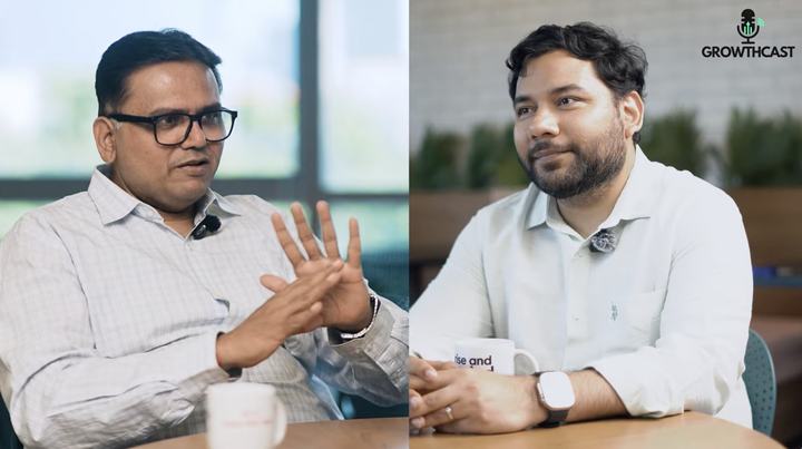 Split screen of Rohit Shah and an interviewer in conversation for GrowthCast.